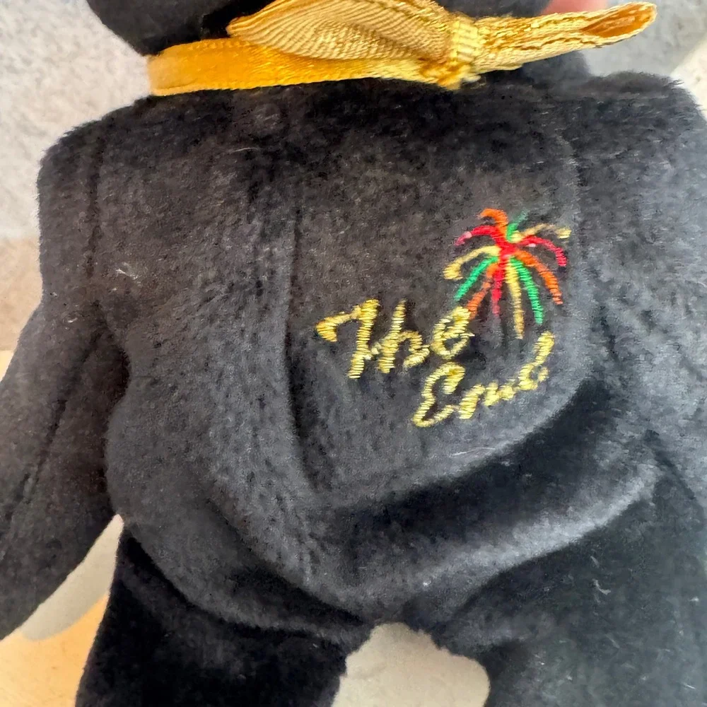 Vintage Ty Beanie Baby The End Black Bear Plush Gold Bow‎ Tie 2000 Retired